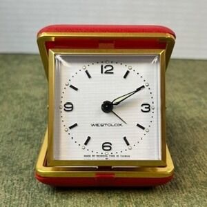 Vintage Westclox Travel Alarm Clock Red Case Gold Tone Wind Up Mechanical Taiwan